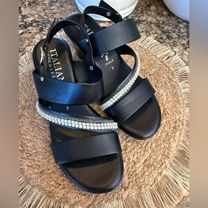 Italian Shoemakers Black Espradille Sandals with Crystal Embellishments Size 7